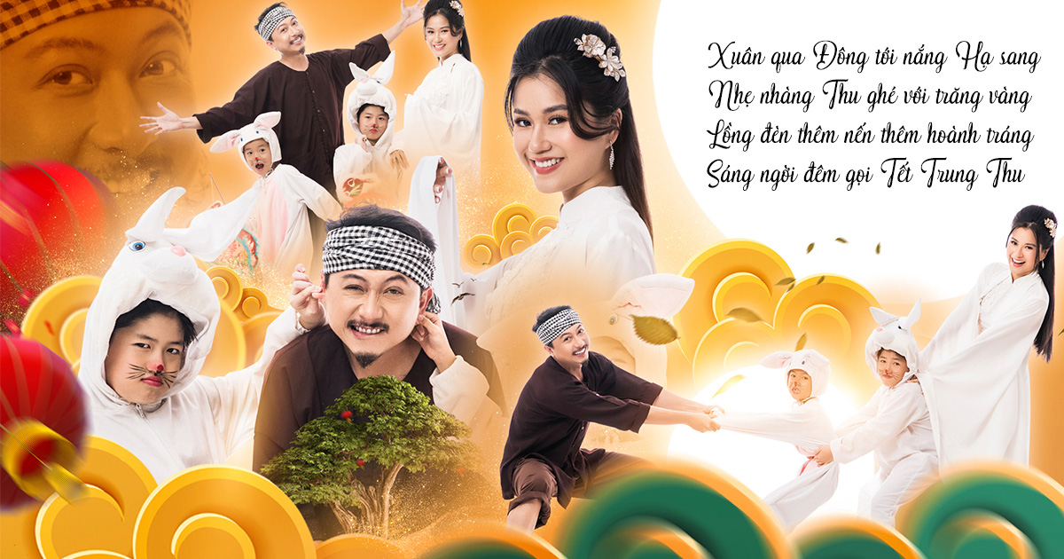 Lâm Vỹ Dạ hóa thân thành chị Hằng đón Trung Thu bên thỏ ngọc và chú Cuội Hứa Minh Đạt
